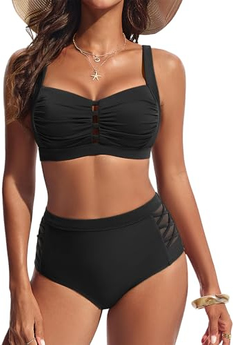 Hanna Nikole Womens High Waist Bikini Sets 2 Piece Swimsuits Square Neck Bathing Suits Ruched Push Up Swimwear Black L