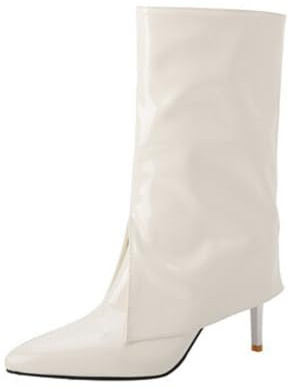 Générique Femmes À Enfiler Bottes Mi-Mollet Bout Pointu Cuir Verni Bottines Courtes Talon Aiguille Alto Bottine Chelsea,Blanc,38.5 EU