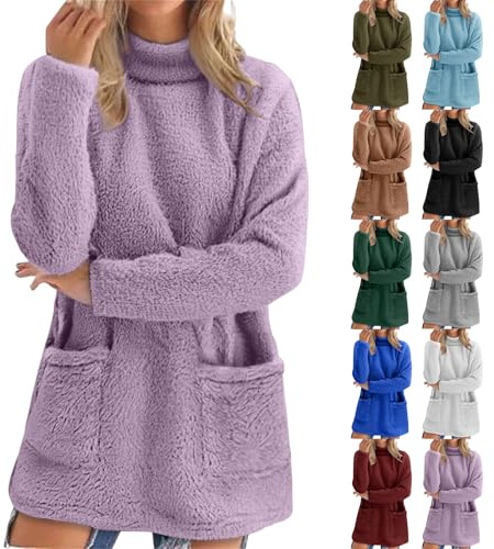 Jersey de cuello alto para mujer, de algodón, sudadera larga para mujer, oversized suave, jersey largo, forro polar, cuello redondo, suéter de punto, suéter mullido, sudadera térmica de manga larga