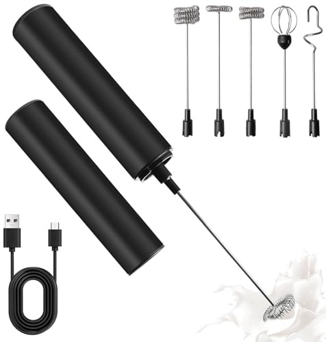 Espumador de leche eléctrico, de acero inoxidable, recargable por USB, con 2 velocidades, espumador portátil para café, capuchino, latte macchiato, chocolate caliente y matcha (negro)