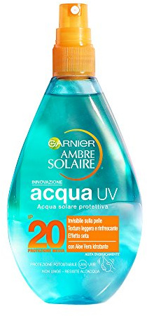 Garnier Ambre Solaire Spray Protezione Solare, Acqua Solare Protettiva UV Arricchita con Aloe Vera, IP20, 150 ml
