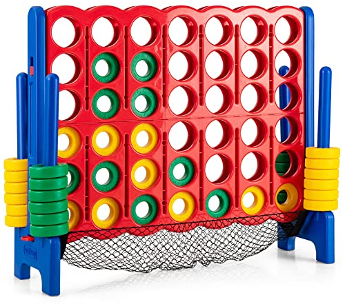 COSTWAY Giant 4 to Score Game Set, Jumbo Game Set with 42 Chess Pieces, Quick-Release Levers & Mesh Pocket, 4-in-a-Row Backyard Game for Kids & Adults, Ideal for Indoors & Outdoors