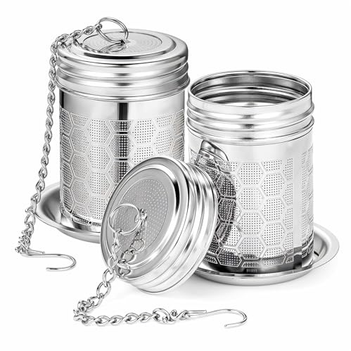 2 Pack Tea Strainers Infuser for Loose Tea 304 Stainless Steel Mesh Loose Leaf Steeper Diffuser with Chain Hook and Threaded Lid for Black Tea, Spices and Seasonings