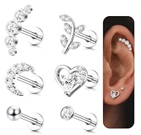 Diamday 6 Pezzi Di Orecchini A Lobo Knorpel con Filettatura Interna Cz A Forma Di Luna Cuore Foglia Per L'Elice Il Trago La Conchiglia Labret Monroe E Piercing Per Le Labbra