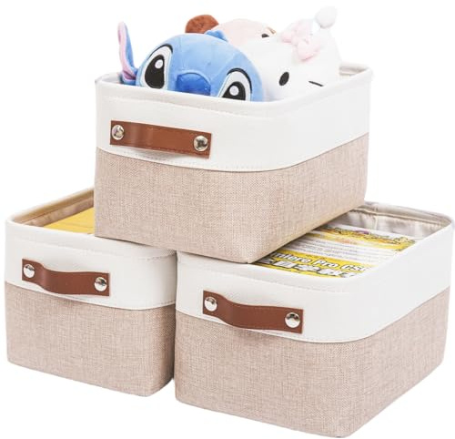Mangata Fabric Storage Boxes, Thickened Canvas Storage Baskets with Handle for Shelves, Clothes Toys(M, Khaki/White, without Drawstring,3 Pcs)