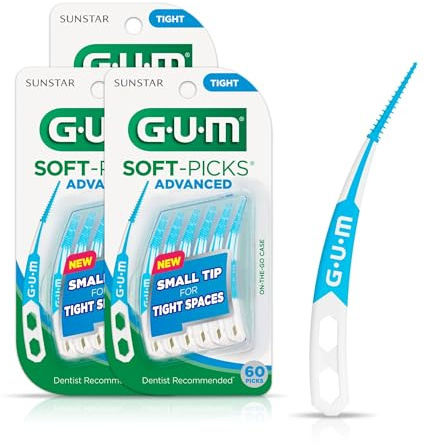 GUM Soft-Picks Advanced- Tight, Easy to Use Dental Picks for Teeth Cleaning and Gum Health, Disposable Interdental Brushes with Convenient Carry Case, Dentist Recommended, 60 Count (Pack of 3)