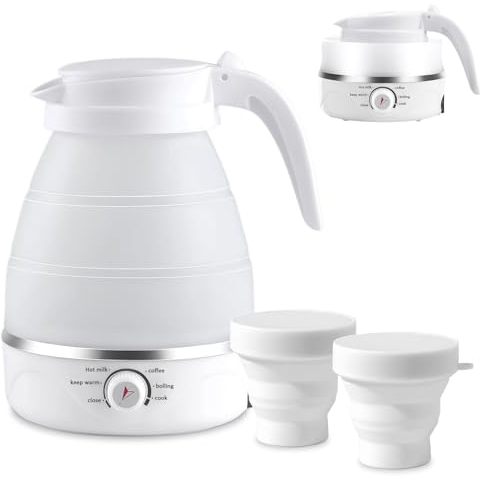 Faltbarer Wasserkocher 600ml Reisewasserkocher Klein mit 2 Zusammenklappbaren Bechern Tragbarer Camping Faltbar Wasserkessel 5 Minuten Schnelles Kochen für Camping Reise Wandern Outdoor, Weiß