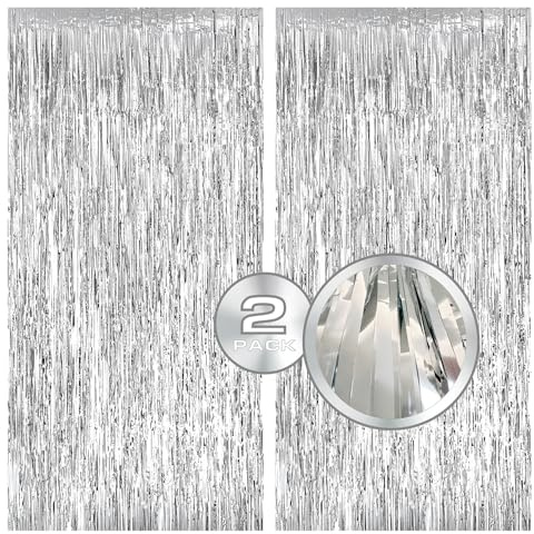 Pybingcw 2 Pack Silver Tinsel Foil Fringe Curtain - Birthday & Prom Streamer Decorations