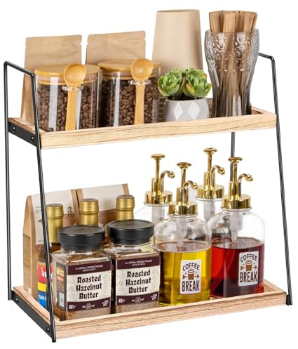 Aolawco 2 Tier Coffee Station Organizer for Countertop, Coffee Bar Accessories and Organizer, Coffe Condiment Storage, Wooden Counter Shelf Organize for Kitchen, Bathroom, Office (Patented Design)