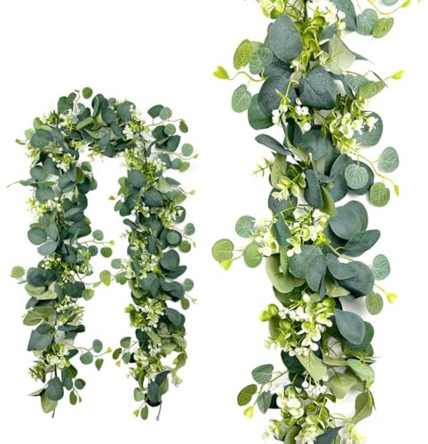 KARLOR 2 Stück Künstliche Blumengirlande Pflanze Girlanden Eukalyptus Weiße Blume Girlande Künstliche Pflanze Kunstpflanze zum Aufhängen für Hintergrund Hochzeit Dekoration Tischläufer Garten