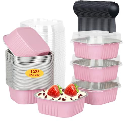 120pack 5oz Mini Cake Tins Cupcake Pan with Lids,LNYZQUS Aluminum Foil Baking Cups,Disposable Ramekins Small Brownie Muffin Pans Mini Cheesecake Containers for Home Bakery-Pink