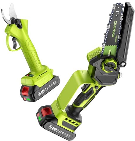 Supstable Mini Tronçonneuse 6 Pouces/Sécateur Électrique Sans Fil 33 mm, 2-en-1 Kit Outil de Jardin avec 2 × 2000 mAh Batteries, Moteur Brushless, Idéal pour Coupe de Troncs et Branches