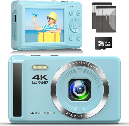 4K 64MP Digitalkamera Kompakte Digitalkamera mit 32GB SD-Karte für Fotografie, Autofokus Tragbare Mini Kamera für Jungen, Mädchen, Kinder, Anfänger, Teenager mit 16X Digitalzoom und Batterie