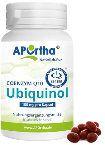 APOrtha Kaneka Ubiquinol Coenzym Q10 100 mg 60 vegetarische Kapseln, CoQ10 Kapseln hochdosiert 100mg, Hohe Bioverfügbarkeit durch bioaktives Ubiquinol, 2-fach Patentierter Rohstoff