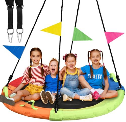 HeyZoo Tree Swing, 60 inch Larger Saucer Swing for Whole Family, 900lbs Weight Capacity, with Adjustable Hanging Straps, for Backyard Outdoor, Multicolor, Gifts for Kids