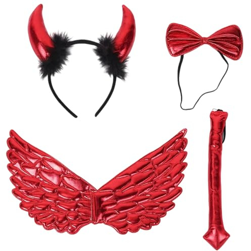 4 Pcs Devil Costume Set, Devil Horns Headband with Red Wings, Tail and Pitchfork, Devil Halloween Costume for Women and Girls, Cosplay Accessories for Halloween Themed Parties and Performances