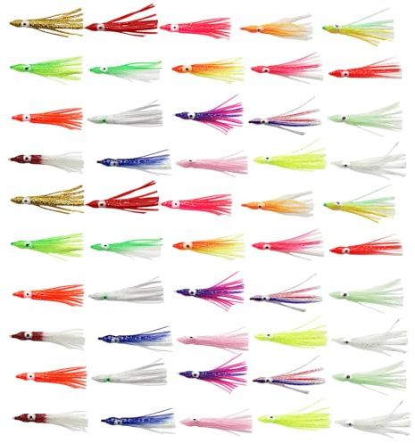 Xanorrg 50 Uds Cebos De Pesca Agua Salada Accesorio Aparejos Señuelos Blandos Faldas Calamar Señuelos Falda Brillantes Pesca Amigable para Principiantes
