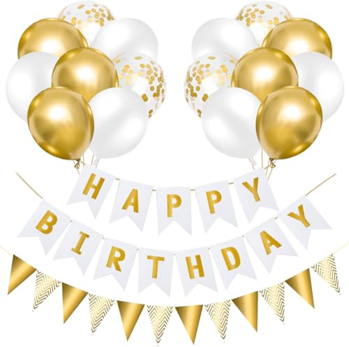 Decoración Fiesta Cumpleaños Blanco y Dorado, 16 Globos Blanco, Dorado Metalizado y Confeti Dorado con Banner Feliz Cumpleaños y Guirnalda Cumpleaños, Happy Birthday Decoración para Hombres y Mujeres