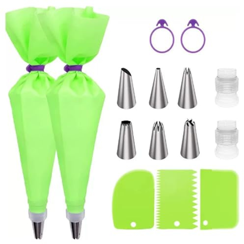Boquilla Juego de mangas pasteleras y boquillas, kit for decorar pasteles con 2 mangas pasteleras de silicona, 6 boquillas, 3 raspadores, 2 acopladores y 2 bridas. Repostería decorar(Green B)