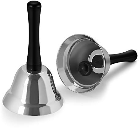 Flexzion Hand Bell for Service - Loud Dinner Bell & Desk Bells with Black Handle, Silver Steel Ringer for Classroom, Hotel Front Desk, School, Elderly at Home Nurse Call Pet Training Food Line, 2 Pack
