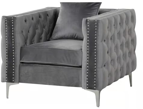 5STARS N&R RN Furnishings Chesterfield 40 Button Tufted Velvet Contemporary Armchair-Gray