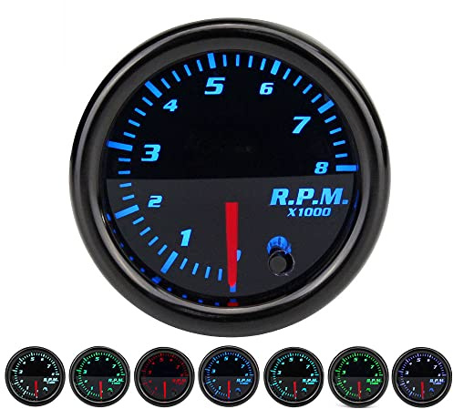 12 V universell bilvarvräknare, Riloer Auto 2/52 mm varvräknare med monteringsfäste och kabel, 0-8000 RPM, 7 färger LED-display med justerbar flerfärgad belysning