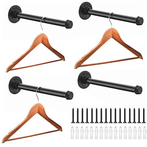 Bailoo Perchero industrial de tubería de 12 pulgadas, paquete de 4 unidades, perchero para colgar ropa de pared, resistente, rústico, vintage, acero, negro, metal, barra para colgar ropa