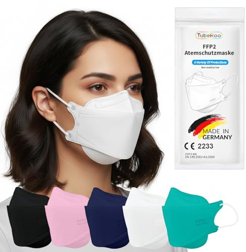 TubeRoo FFP2 Maschera bianca a forma di pesce, 20 pezzi, Made in Germany, certificazione CE, morbidi passanti per le orecchie, fascia elastica, maschera di protezione respiratoria per pesci