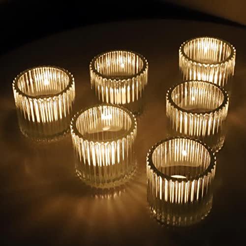 Clear Tea Light Candle Holders 6 pcs for Table Decorations, Vintage Glass Tealight Holders for Wedding Party, Large Tea Light Holders Glass for Living Room(Clear,Set of 6)