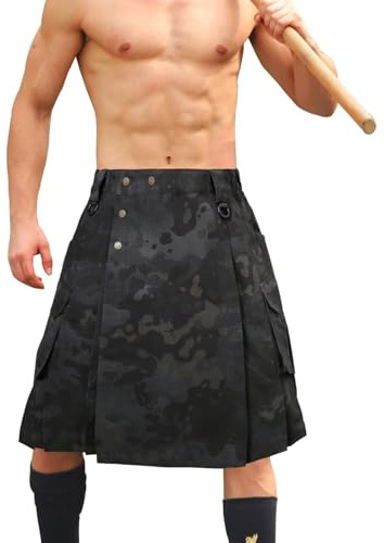 GSGGIG Men's Kilt for Men, Camo Scottish Outdoor Utility Pleated Tactical Kilt, 23 Pleated Irish Hybrid Kilt with Pockets 0911 Dark CP 38