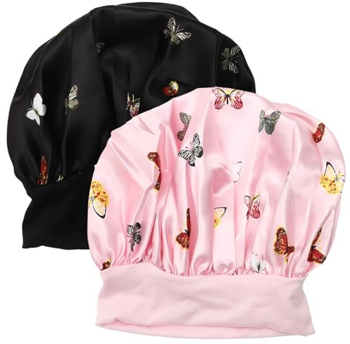 IWOWHERO 2pcs Butterfly Flower Design Satin Sleep Cap for Women Supple Comfortable Bonnet to Protect Hair While Sleeping for Makeup and Spa Prevents Knots and Frizz