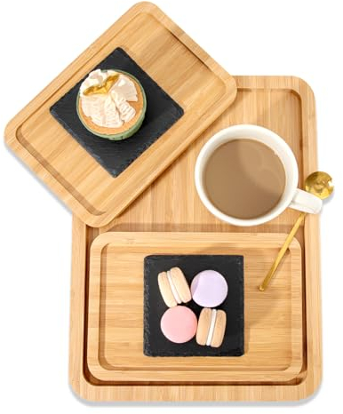 Bambus Tablett Serviertablett,WLWNWFT 1 Großes & 2 Kleine Holztabletts (3er Pack) für Obst, Gemüse, Vorspeise Serviertablett, Lebensmittel, Käsebrett, Brot Charcuterie Boardsoard