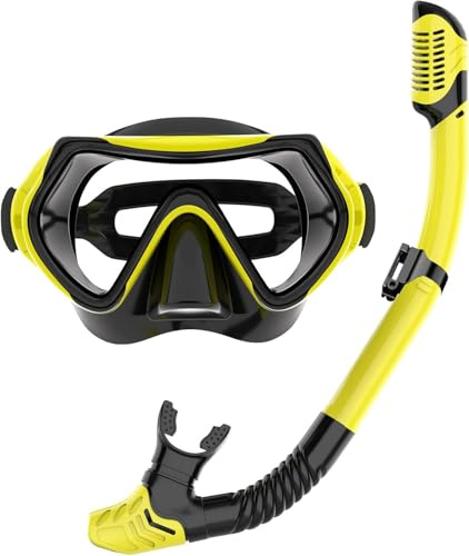 JRing Snorkelset vuxna, dykglasögon och torr snorkling set, anti-läckage och anti-dimma simglasögon snorklingsmask dykmask för män och kvinnor (gul)