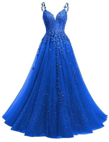 Beyonddress Robe de soirée en tulle pailleté longue - Robe de bal avec dentelles et applications en V pour femmes - Robe de fête, bleu roi, 38