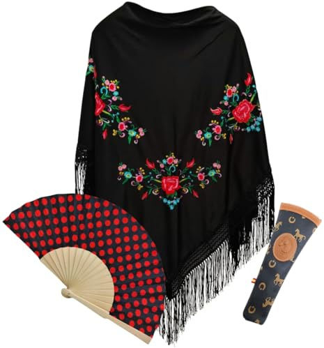 Planta Color Pack Tradicional Español: Mantón con Bordado de Preciosas Flores, Abanico de Bambú y Tela de Lunares y Funda Artesanal Hecha en España (Negro Lunares)
