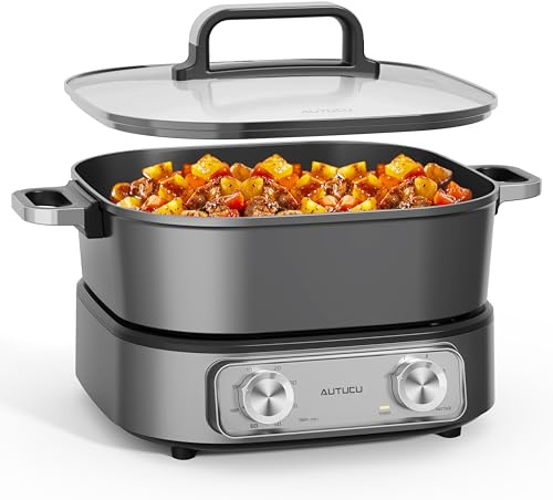 Hot Pot Electric 6 cuartos de galón y multi-cocina | Sartén eléctrica antiadherente con olla recubierta de cerámica sin PFOA, 3 ajustes de potencia y temporizador, 1600 W para comidas familiares