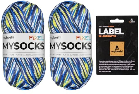myboshi mysocks Pixel, 6-fädige Sockenwolle, strapazierfähig, Garn, inkl. original myboshi Label in Lederoptik aus Schurwolle, filzfrei, 150g, Ll 390m Blau (Otis) 2 Knäuel