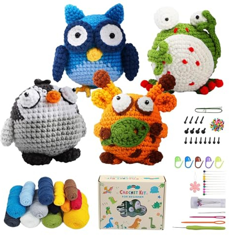 Complete Crochet Kit for Beginners, 4 PCS Animals Crochet Starter Kit with Step-by-Step Instructions & Video Tutorials, Beginner Crocheting Kits for Adults Kids, DIY Christmas Birthday Gifts for Girls
