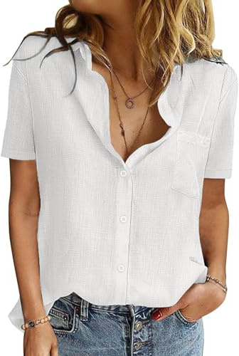 UMIPUBO Chemisier Femme Été Coton Manches Courtes Col V Chemise Chic et Elegant Haut avec Boutons Coupe Ample Short-Sleeve Blouse Shirt Tops Travail Décontractée (Blanc, XL)