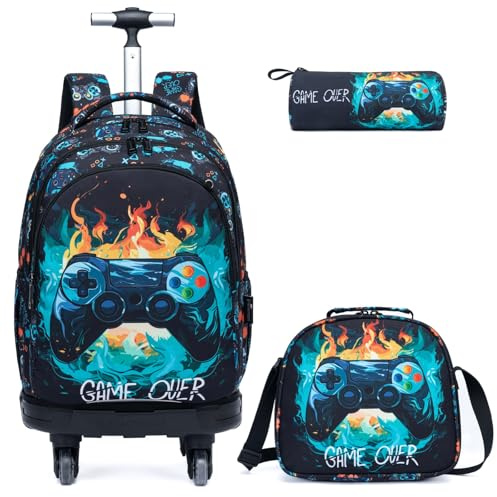 Egchescebo Kids Rolling Backpack for Boys Gamepad Suitcases Trolley Roller Luggage Backpacks with 360° Rotating Wheels 15 Laptop Lunch Box Pencil Case for Elementary 18” Travel School Bag Blue