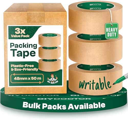 DIY Doctor 3 Rolls Brown Packing Tape (48mm x 50m) – Eco-Friendly Kraft Paper Parcel Packaging Tape – Strong Packing Tape for Shipping, Boxes & DIY Projects