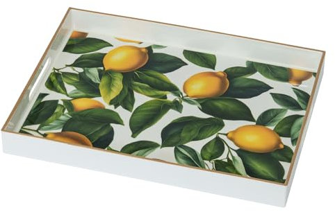 Serving Tray, Lemon Plastic Food Trays for Eating on Lap White Decorative Coffee Tray with Handles Rectangular Non-slip Candle Plate, 40x30x4 cm Large Drinks Platter for Kitchen/Living Room/Bedroom