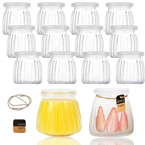 Kiswleon 200ml tarros de yogur con tapa, paquete de 12 vasos de postre de vidrio, tarros de mermelada pequeños transparentes con etiqueta y cuerda, tarros pequeños para envasado de jugo, yogur