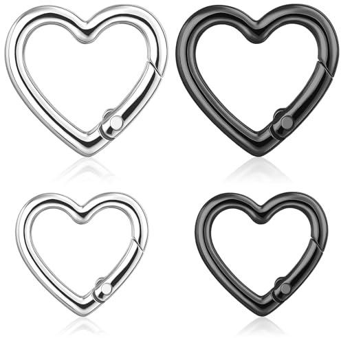 Nogeqi Lot de 4 Mousquetons en Forme de Cœur - Petit Mousqueton en Forme de Cœur - Pour Chaîne à Lanières, Bricolage, Porte-Clés, Sac à Dos - 2,5/3 cm (Noir, Argent)
