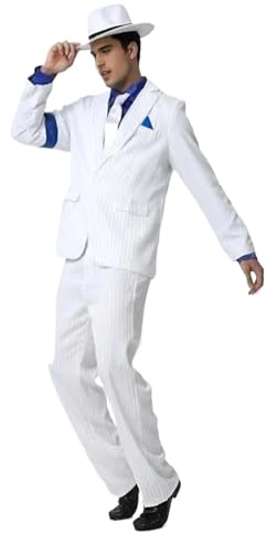 Koongso Disfraz de estrella de baile MJ para hombre, disfraz de Michael para cosplay, traje de rayas blancas con sombrero, tirantes, camisa azul, para adultos de los años 80 y 90