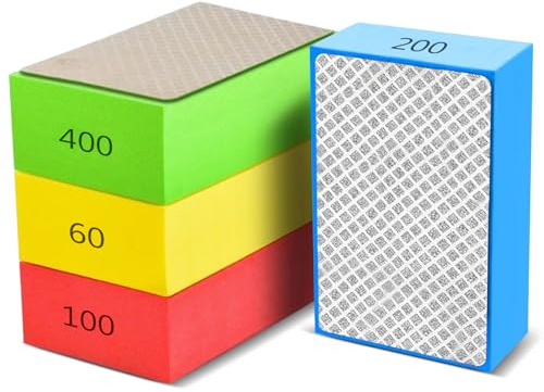 MLABINYA 4 Pcs Diamond Hand Polishing Pads Set, 60/100/200/400 Grit Diamond Sanding Block for Tile, Marble, Glass, Stone, Granite and Ceramic Trimming, Hand Held Grinding Block for Wet Dry Use