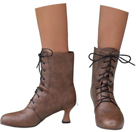 Stivaletti Medievali Da Donna Stivali Stringati In Pelle PU Stivaletti Vittoriani Retrò Tacchi Alti 5,5 Cm Boots Biker Autunno Inverno Scarpe Alla Caviglia Rinascimentali for Feste(Brown,43 EU)