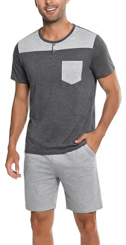 Demegimi Pyjama Homme Court 2 Pièces Ensemble de Nuit en Coton Doux Vêtements de Détente Été Tenue d’Intérieur Légère et Confortable pour Maison，Gris，L
