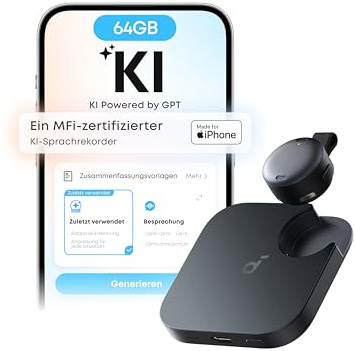 soundcore Work Registratore Vocale AI by Anker, per Riunioni, con Trascrizione e Riassunti Automatici con AI, Indossabile, 64 GB, 150+ Lingue, Certificato MFi, 300 Min/Mese Inclusi, USB-C