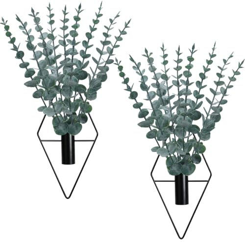Der Rose Wall Decor 2 Pack Iron Wall Planter Vase with Eucalyptus Stems | Includes 18 Frosted Fake Eucalyptus Plant for Wall Decor, Bathroom, Kitchen and Living Room Decor